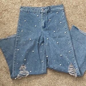 Elegant Blue Pearl-Studded Wide Leg Jeans